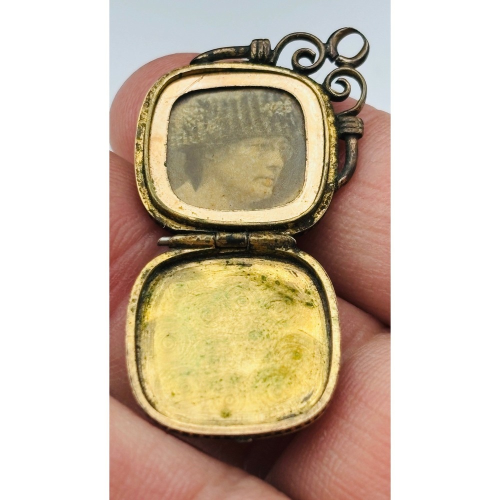 Antique Gold Filled Engraved Scroll Square watch fob Locket Pendant‎ Portrait